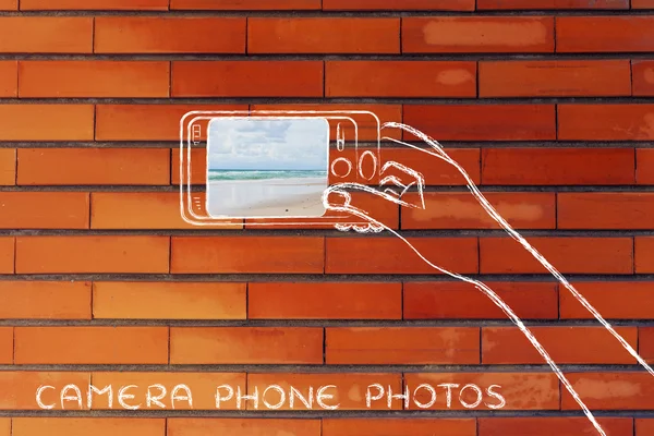 Usuario de smartphone tomando una foto con texto Fotos del teléfono de la cámara — Foto de Stock