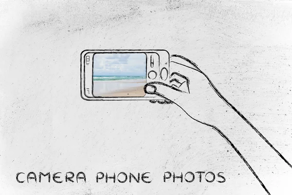 Пользователь смартфона делает фото с текстовой камерой — стоковое фото
