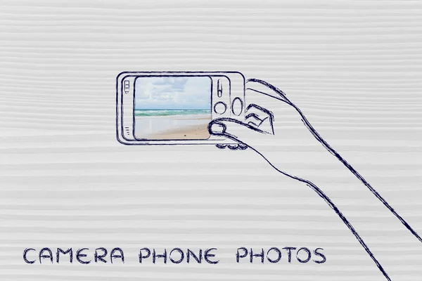 Smartphone user taking a photo with text Camera phone photos — Stock Photo, Image