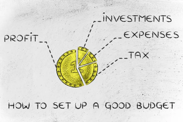 Moneda de oro dividida como un gráfico circular y texto Cómo presupuesto — Foto de Stock