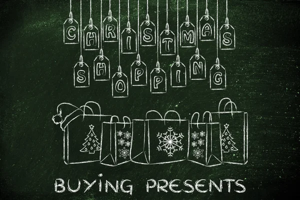 Winter thema boodschappentassen met tekst kopen presenteert — Stockfoto