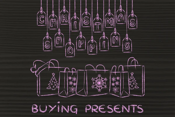 Bolsas de compras temáticas de invierno con texto Comprar regalos — Foto de Stock