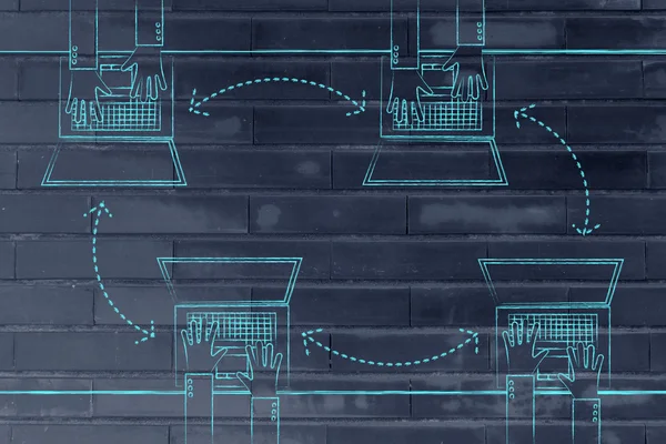 Les personnes communiquant et échangeant des données via leurs ordinateurs portables — Photo