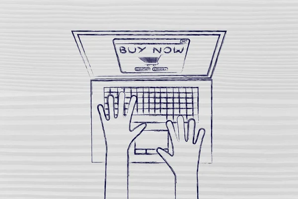 Manos escribiendo en el ordenador portátil para realizar un pedido en línea — Foto de Stock