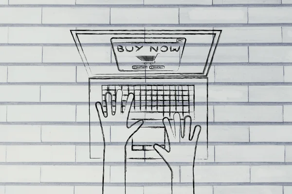 Handen typen op laptop een bestelling te plaatsen online — Stockfoto