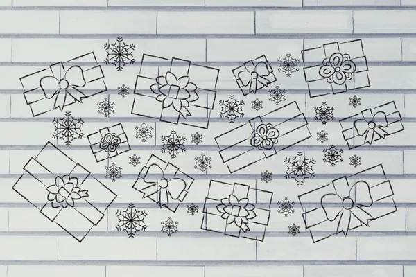 Set of wrapped up Christmas presents and snowflakes — Stock Photo, Image