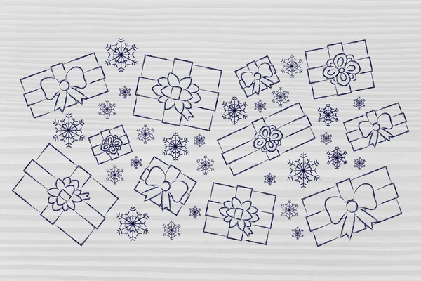 Set of wrapped up Christmas presents and snowflakes — Stock Photo, Image