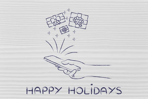 Gåvor från smartphone, med texten Happy holidays — Stockfoto