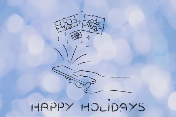 Gifts coming out of smartphone, with text Happy holidays — Stock Photo, Image
