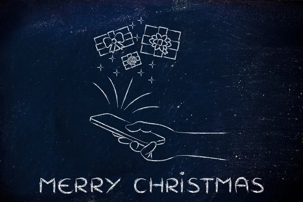 Gåvor från smartphone, med text god jul — Stockfoto