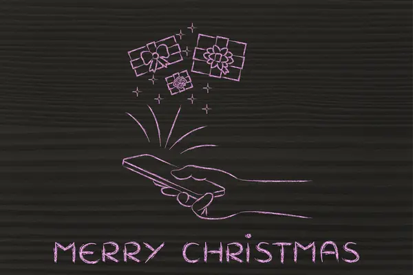 Geschenke kommen aus dem Smartphone, mit Text frohe Weihnachten — Stockfoto