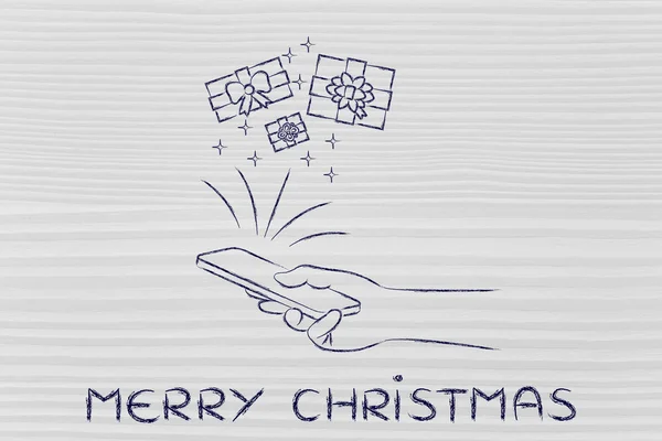 Cadeaux sortant du smartphone, avec texte Joyeux Noël — Photo