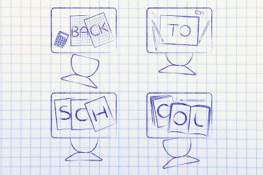 Back to School öğrencinin kitap metin ile sınıf masaları