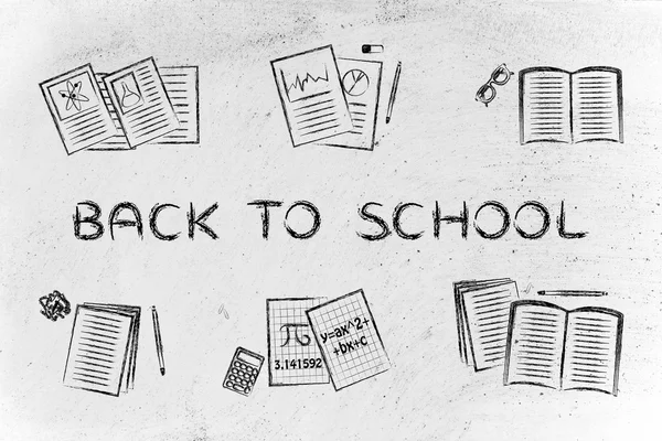 Książki i notatki z tekstem z powrotem do szkoły — Zdjęcie stockowe