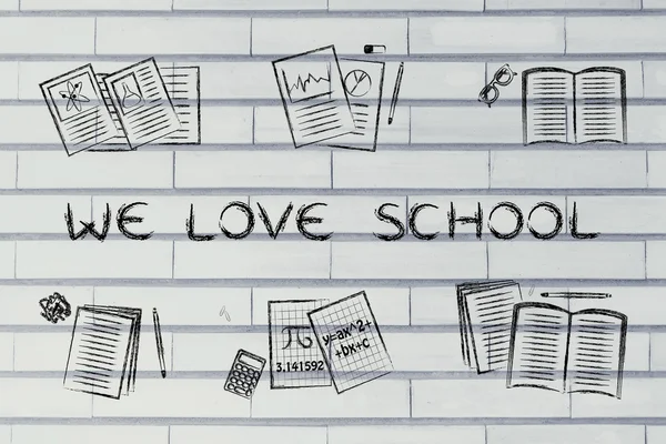 Books and notes with text We love School — Stock Photo, Image