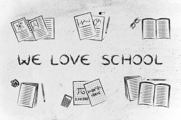 Books and notes with text We love School — Stock Photo, Image