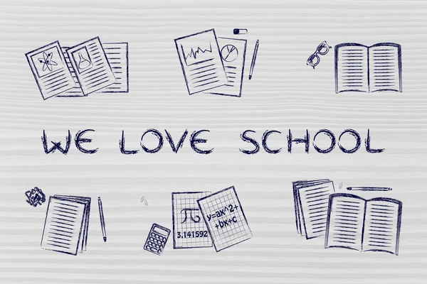 Books and notes with text We love School — Stock Photo, Image