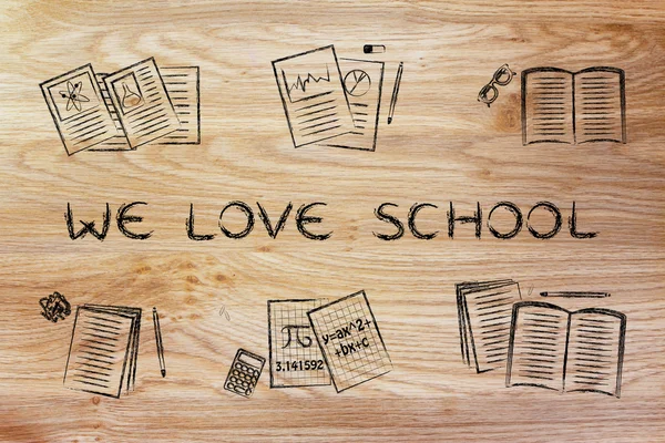 Books and notes with text We love School — Stock Photo, Image