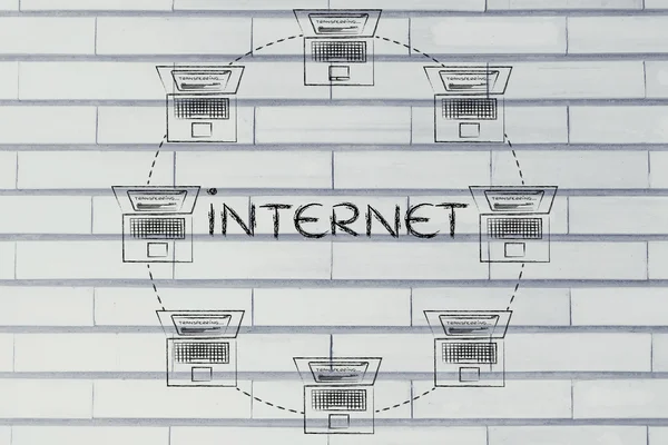 Portátiles en una red en forma de círculo, con Internet de texto — Foto de Stock