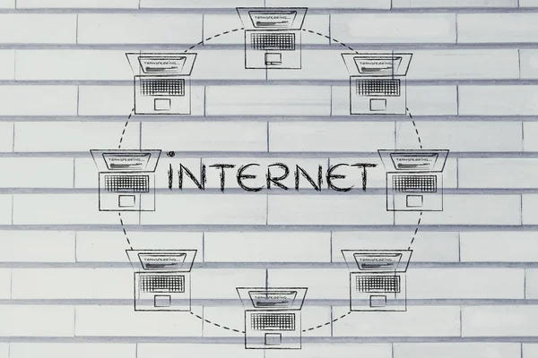 Portátiles en una red en forma de círculo, con Internet de texto —  Fotos de Stock