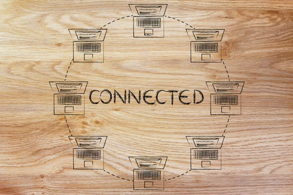 Laptops connected to each other in a circle-shaped network — Stock Photo, Image