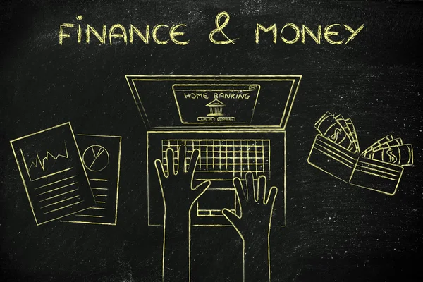 Thuisbankieren gebruiker op zijn laptop met tekst Financiën & geld — Stockfoto