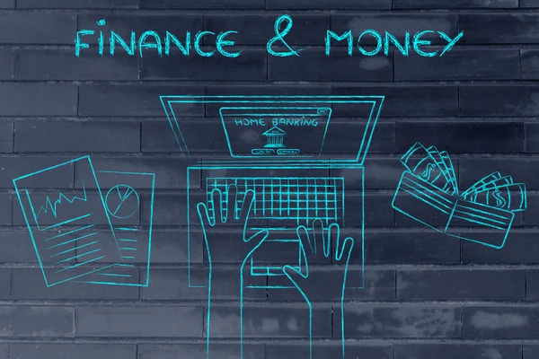Usuario de la banca doméstica en su computadora portátil con texto Finanzas y dinero —  Fotos de Stock