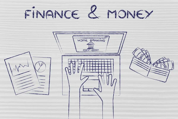 Home banking usuário em seu laptop com texto Finanças & Dinheiro — Fotografia de Stock