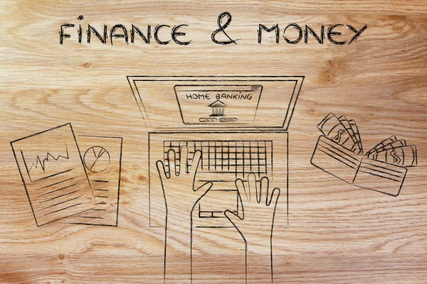 Home banking usuário em seu laptop com texto Finanças & Dinheiro — Fotografia de Stock
