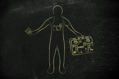 kamera tutarak onun Bagaj ve pasaport ile seyahat