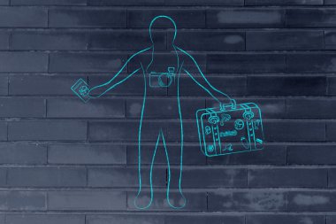 kamera tutarak onun Bagaj ve pasaport ile seyahat