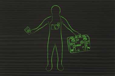 kamera tutarak onun Bagaj ve pasaport ile seyahat