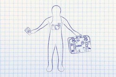 kamera tutarak onun Bagaj ve pasaport ile seyahat