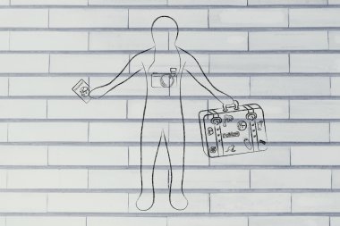 kamera tutarak onun Bagaj ve pasaport ile seyahat