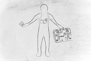 kamera tutarak onun Bagaj ve pasaport ile seyahat