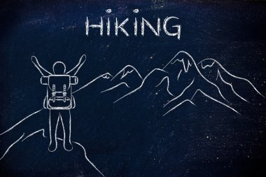 mutlu adam metin ile bir dağın tepesine ulaşan Hiking