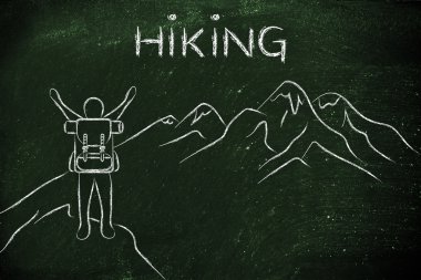 mutlu adam metin ile bir dağın tepesine ulaşan Hiking