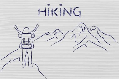 mutlu adam metin ile bir dağın tepesine ulaşan Hiking