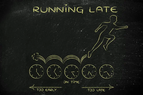 Hombre corriendo en relojes con texto Llegando tarde —  Fotos de Stock