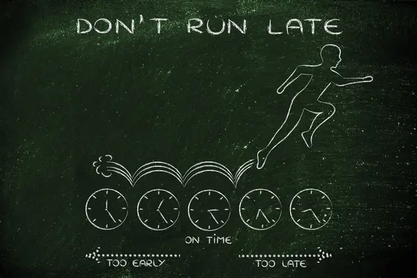 Pessoa correndo em relógios com texto Não se atrasar — Fotografia de Stock