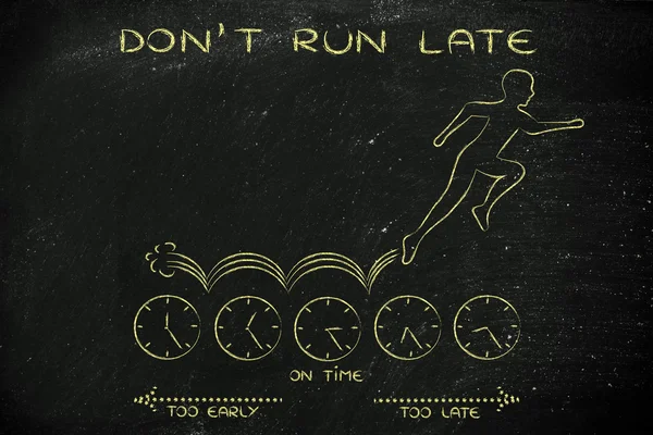 Persona corriendo en relojes con texto No llegues tarde — Foto de Stock