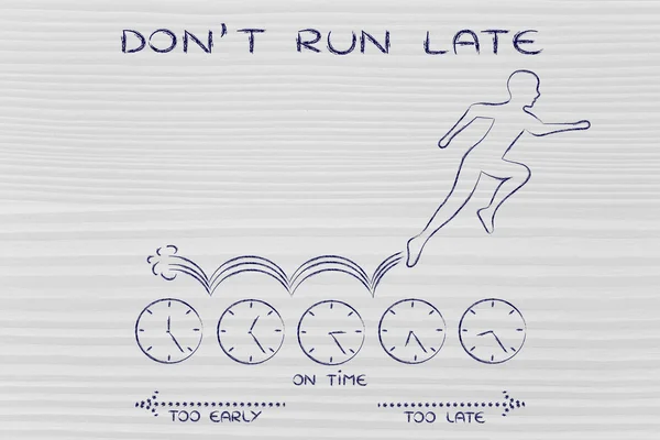 Persona corriendo en relojes con texto No llegues tarde — Foto de Stock
