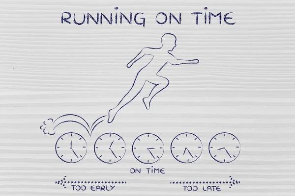 Pessoa correndo em relógios com texto Correndo a tempo — Fotografia de Stock