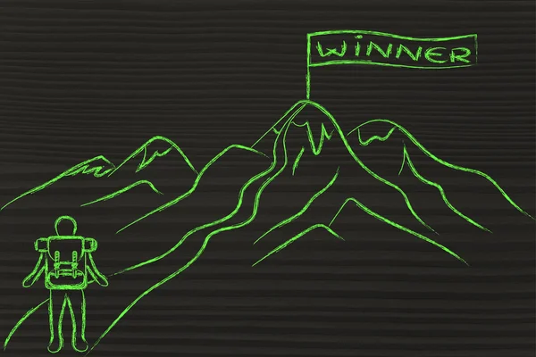 Man på att vandra ett berg med vinnare banner högst upp — Stockfoto