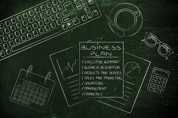 Detailed business plan & stats documents on office desk — Stock Photo, Image