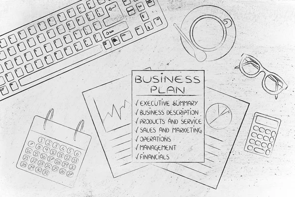 オフィスの机の上の詳細な事業計画・統計情報ドキュメント — ストック写真
