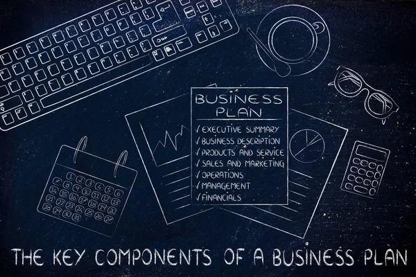 一份商业计划的关键组成部分的概念 — 图库照片
