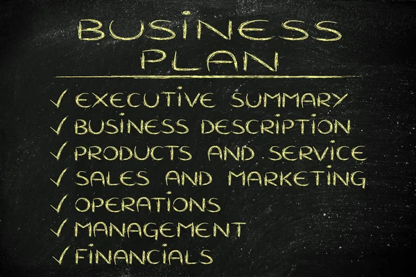 Üzleti terv főbb szekciók listáját és alkatrészek — Stock Fotó