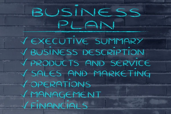 Список ключових розділів та компонентів бізнес плану — стокове фото