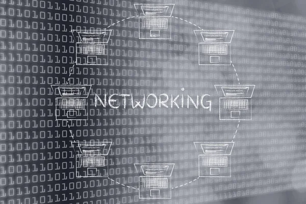 Concepto de red con ordenadores portátiles conectados y transferencia de datos —  Fotos de Stock